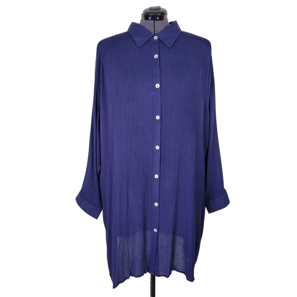 Roamans Crepe Dress Size 26W Blue Button Front Dolman Roll Tab Sleeve Rayon New